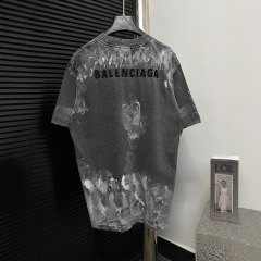 正しいバージョンのパリB家25ss手描きの磨かれた古い水洗い半袖男女のカジュアルな丸首tシャツの潮