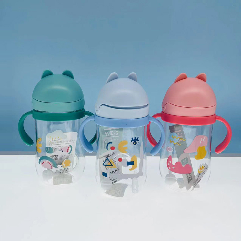 Tongqu gato 350ML paja de los niños taza de plástico taza de beber del bebé estudiante Flip taza de agua taza de beber de aprendizaje