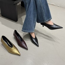 浅口尖头高跟单鞋一脚蹬春秋新款性感软皮细跟奶奶鞋复古百搭跟鞋