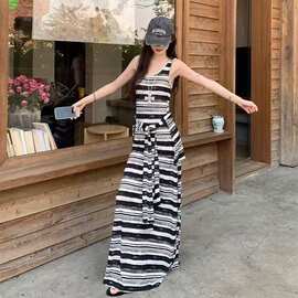 薄纱连衣裙女夏新款今年流行爆款假两件撞色条纹长款背心裙