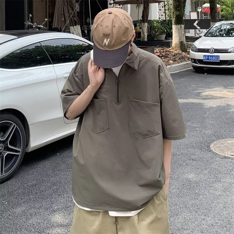 Chinese-Style Workwear Polo Shirt with Pockets for Men, Summer High-End Stylish and Cool Short-Sleeve T-Shirt