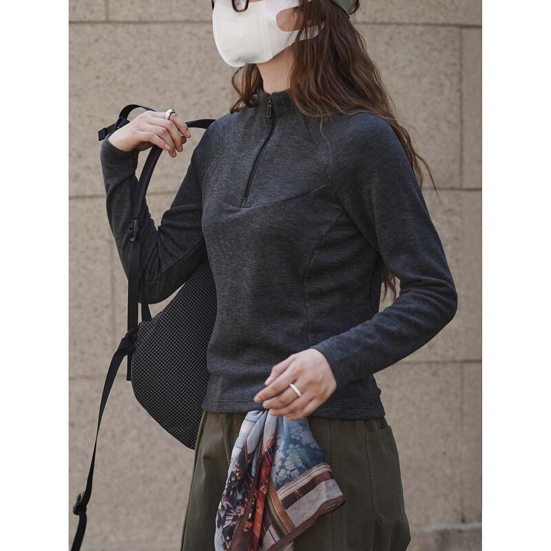 Louvre Winter New Korean Sports Style Stand-Up Collar Half-Zip Slim Wool Sweatshirt Casual Skin-Friendly Top for Women