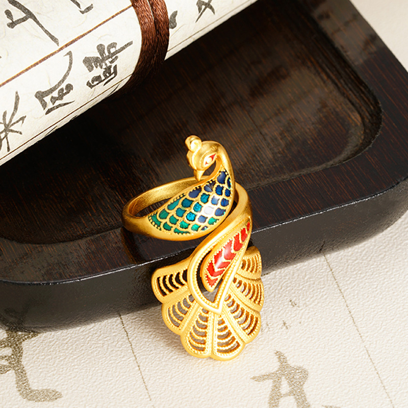 Antigua ley vietnamita oro de arena retro estilo nacional esmalte de color pavón anillo de mujer ligero lujo no se desvanecerá joyas fuente