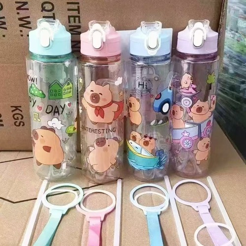 Cute cartoon large-capacity plastic cup, high-quality double drink bouncing cup, children and student travel straw cup