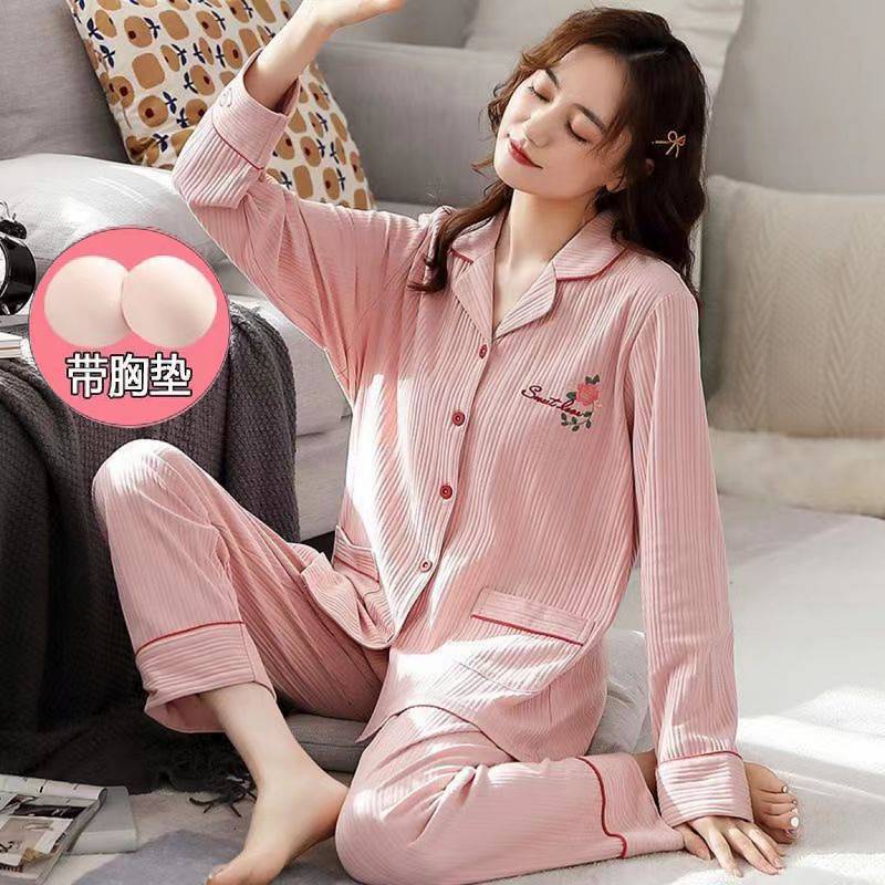 Nuevo Otoño de manga larga 100% algodón Pijama con almohadilla en el pecho de las mujeres de primavera y otoño pantalones finos desgaste del hogar anti-Bump