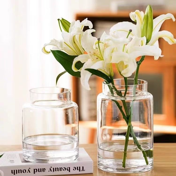 Decoración de vasos de flores para la sala de estar, vidrio ligero de lujo, alta calidad, mesa de comedor retrógrada transparente, rosa hidropónica baja, boca ancha