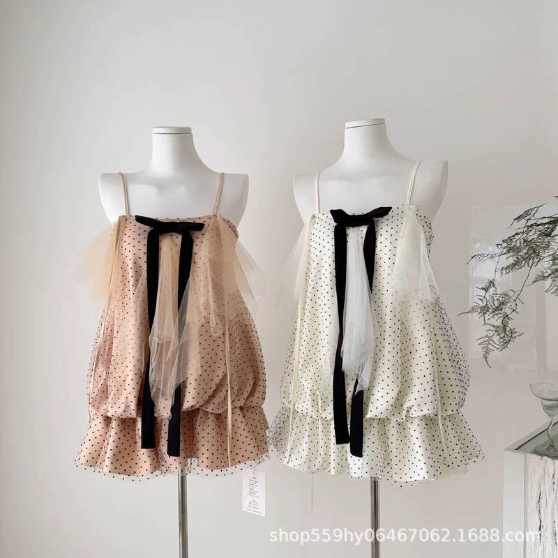 2026 Summer New Sweet and Spicy Pure Desire Style French Bow Slimming Polka Dot Spaghetti Strap Dress for Petite Women