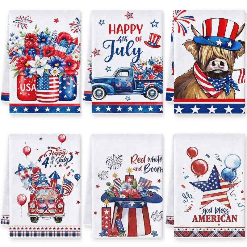 Cross-Border American Independence Day Kitchen Towel Set of 6, Printed Absorbent Dish Towels, Flag Decoration, Hand Towels, Customizable Labels Cross-Border American Independence Day Kitchen Towel Set of 6, Printed Absorbent Dish Towels, Flag Decoration, Hand Towels, Customizable Labels