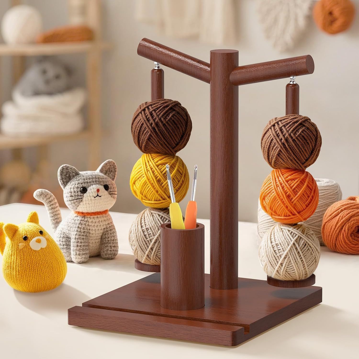 跨境木质线轴架编织可旋转纱线架毛线转动工具手工毛线架绕线木架