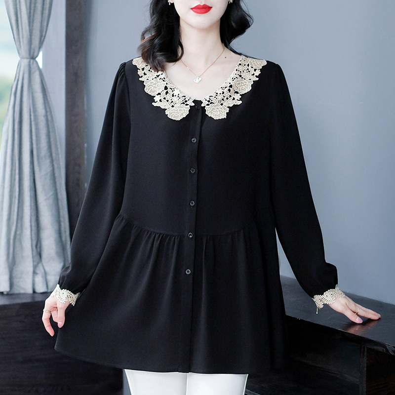 Spring New Korean style age-reducing slimming loose plus size lace edge long sleeve doll all-match shirt middle-aged and elderly women's clothing