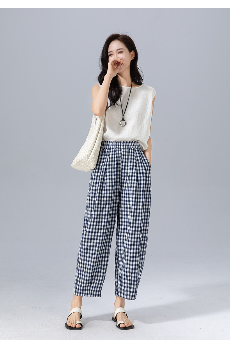 Quần culottes nữ ống rộng cạp cao kẻ sọc linen phong cách Hàn Quốc mùa hè — Caro xanh lam chi tiết 29