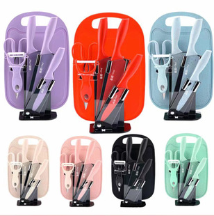 Kitchen Stainless Steel 7-Piece Knife Set with Knife Holder, Baby Food Supplement Wheat Straw Cutting Board Combination Storage