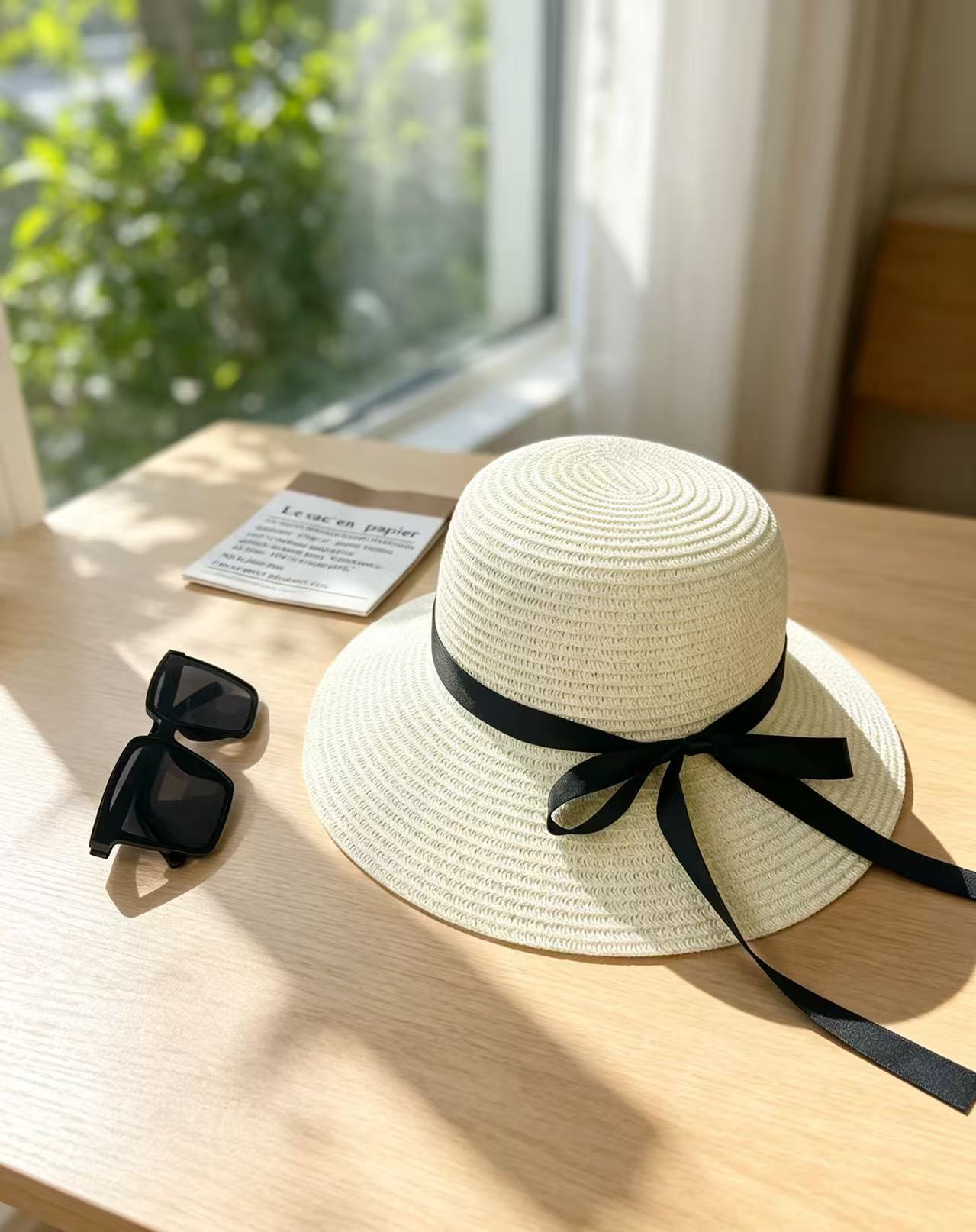 Sombrero de paja para el sol de verano para mujer con lazo de cinta negra, sombrero de ala ancha, sombrero tipo cubo para adultos, sombrero de protección solar para mujer con ala ancha.