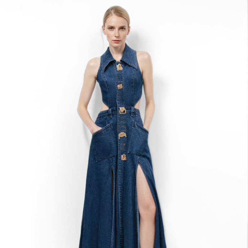 Elegant Hollow-out High Waist Vented Single-breasted Skirt Retro Washed dark blue Denim dress Women's Summer New Arrival