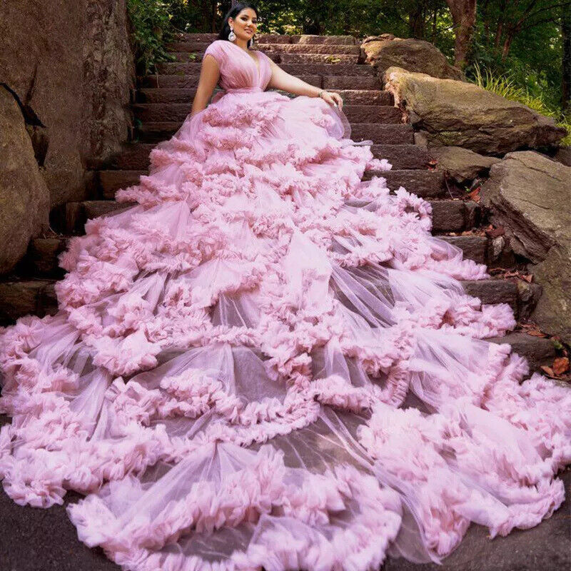 Cross-Border Trade Extra-Long Trailing Ruffle Deep V Wedding Dress Mesh Skirt Elegant Maternity Photo Shoot Clothing Wholesale