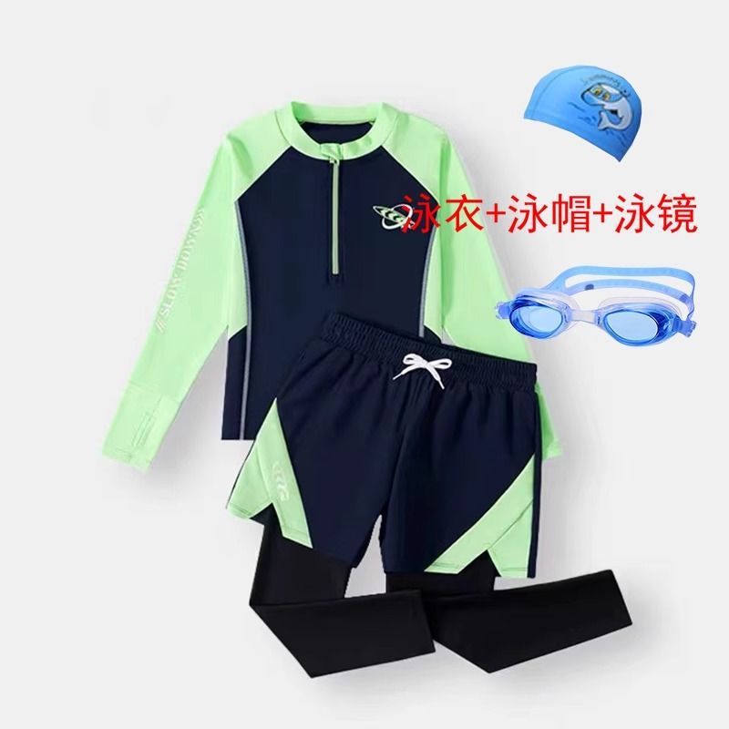 네이비 블루 스플릿 스타일 + 수영 모자 + 수영 고글