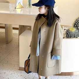 高端童装中长款女童大衣加厚毛呢大衣中小童呢子连帽外套冬季风衣