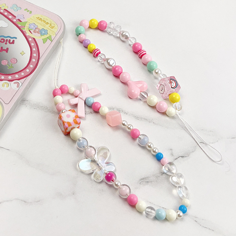 Candy-colored love phone chain transparent butterfly handmade beaded wrist pendant bag digital universal pendant