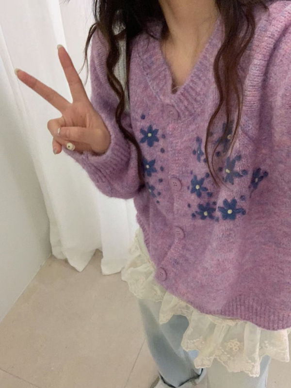 韩系穿搭针织开衫女2025新款秋装宽松休闲设计感绣花毛衣外套上衣|undefined