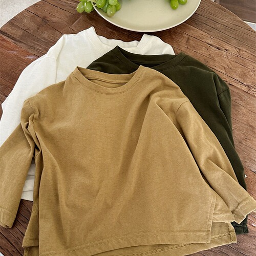 Jiaye children's 2024 spring new long-sleeved T-shirt for boys and girls solid color bottoming round neck slit top inner wear