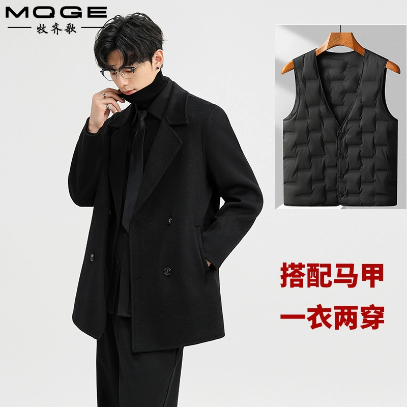 Новое осенне-зимнее мужское двустороннее шерстяное пальто ручной работы с двубортными пуговицами и съемной флисовой подкладкой, мужская шерстяная куртка