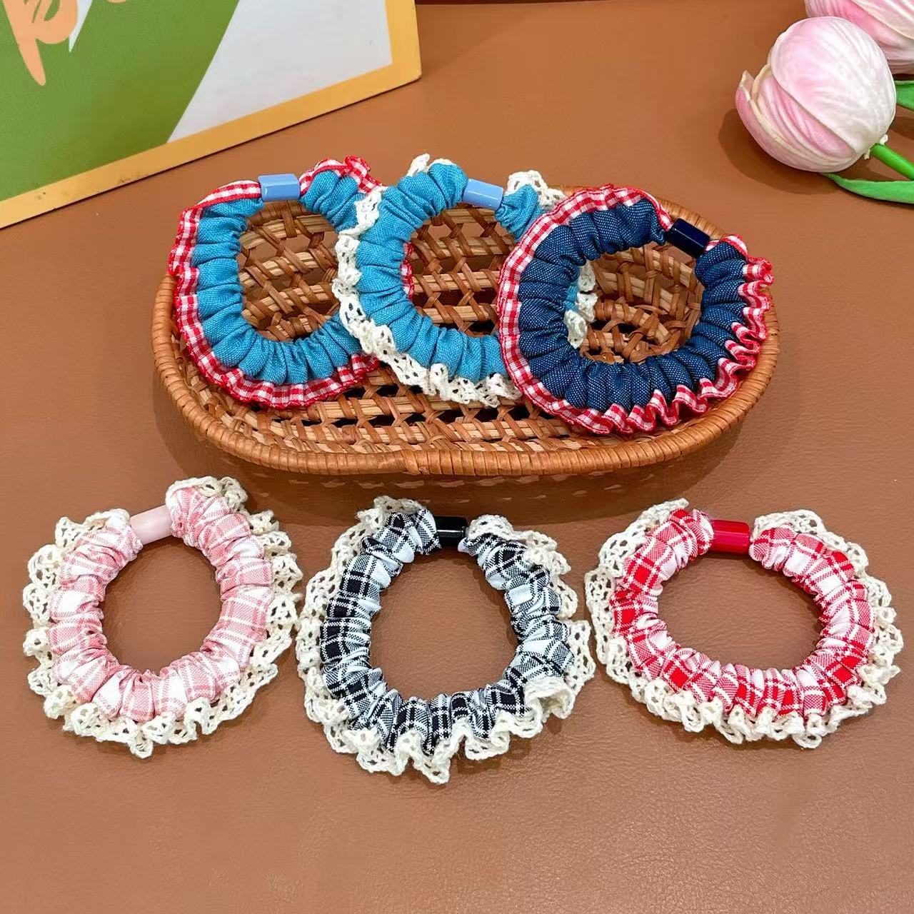 Niños jeans encaje anillo de cabello de cabello de encaje niñas alta cola de cabello de alta elasticidad cuerda de cabello de goma cabeza adornos para el cabello