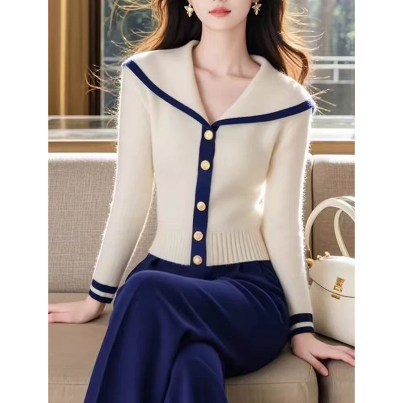 Fashion Lazy Style White Blue Color Matching Navy Collar Long-sleeved Knitted Cardigan Women's Autumn and Winter All-match Good-looking Age-reducing Shirt