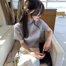 现货 褶皱小高领短袖衬衫2025夏季女微透单排扣短袖上衣vegetab*e
