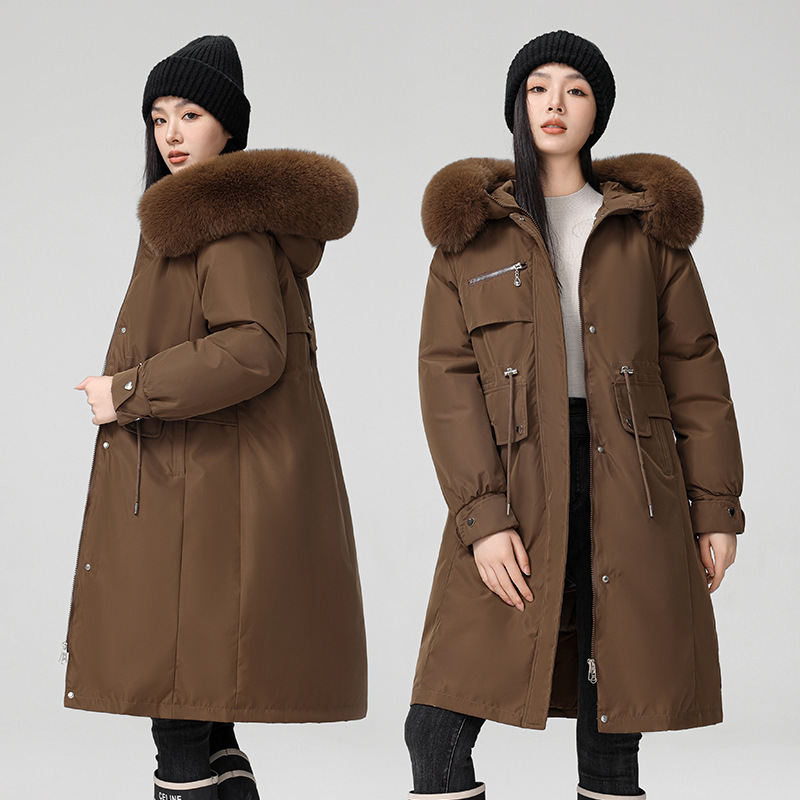 Cross-Border 2024 Winter New down Jacket with Removable Liner, Waist-Cinching, Large Fur Collar Parka, Plus-Size Mid-Length Trench Coat for Women
