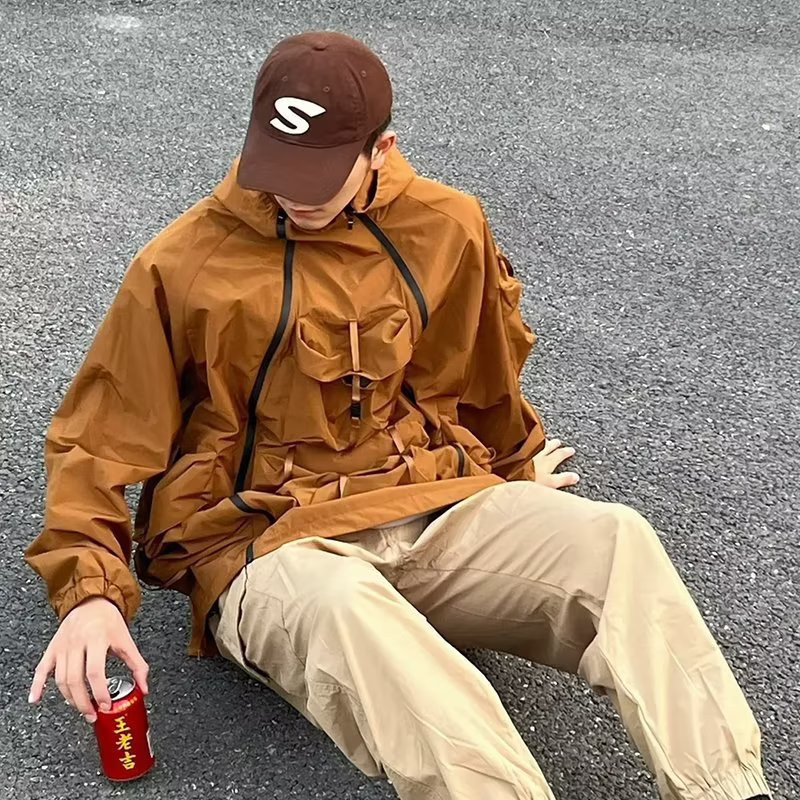 아메리칸 스타일 멀티 힙합 야외 충전 재킷 캠핑 포켓 방수 남성 봄과 가을 유행 브랜드 재킷 느슨한 등산