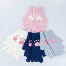 新款冬季成人分指两指保暖手套女 时尚卡通猫咪露指触屏手套 现货