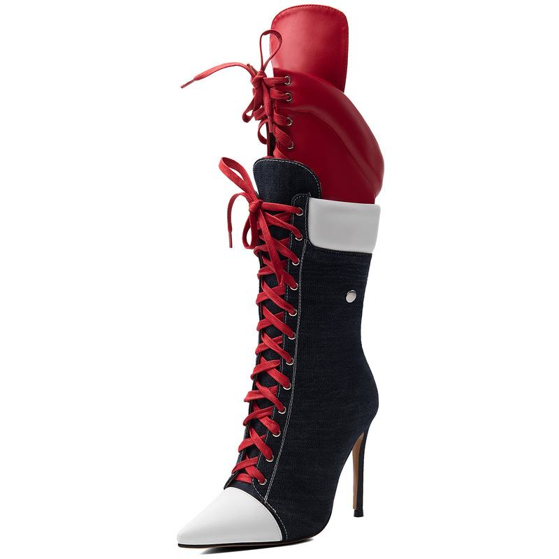 European and American foreign trade cross-border sexy lace-up denim spliced dual-wear pointed toe stiletto high heel plus size 44 women's knee-high boots European and American foreign trade cross-border sexy lace-up denim spliced dual-wear pointed toe stiletto high heel plus size 44 women's knee-high boots