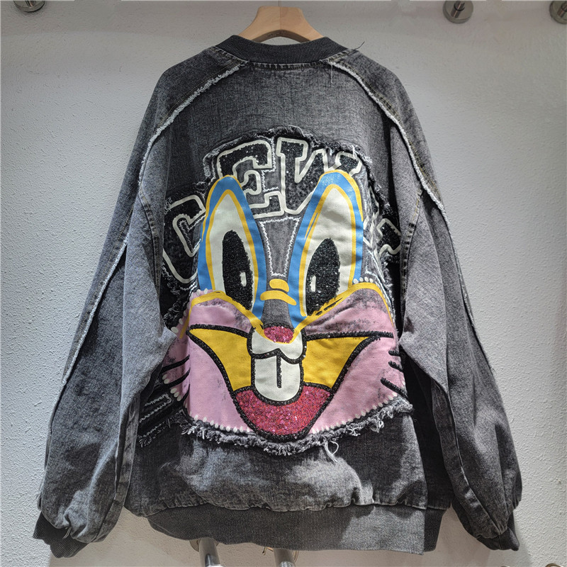 Pequeña industria de dibujos animados bordados denim chaqueta de empalme para mujeres 2025 otoño suelto casual chaqueta versátil superior