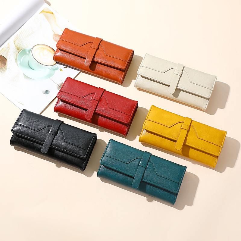 New Korean Style Women's Oil Wax Leather Vintage Wallet Women's Long Large Capacity Tri-Fold One