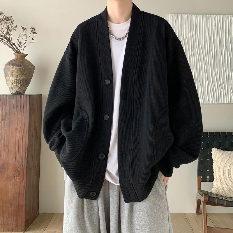 纯黑色日系慵懒风外套男潮感华夫格V领针织开衫情侣春秋夹克|undefined