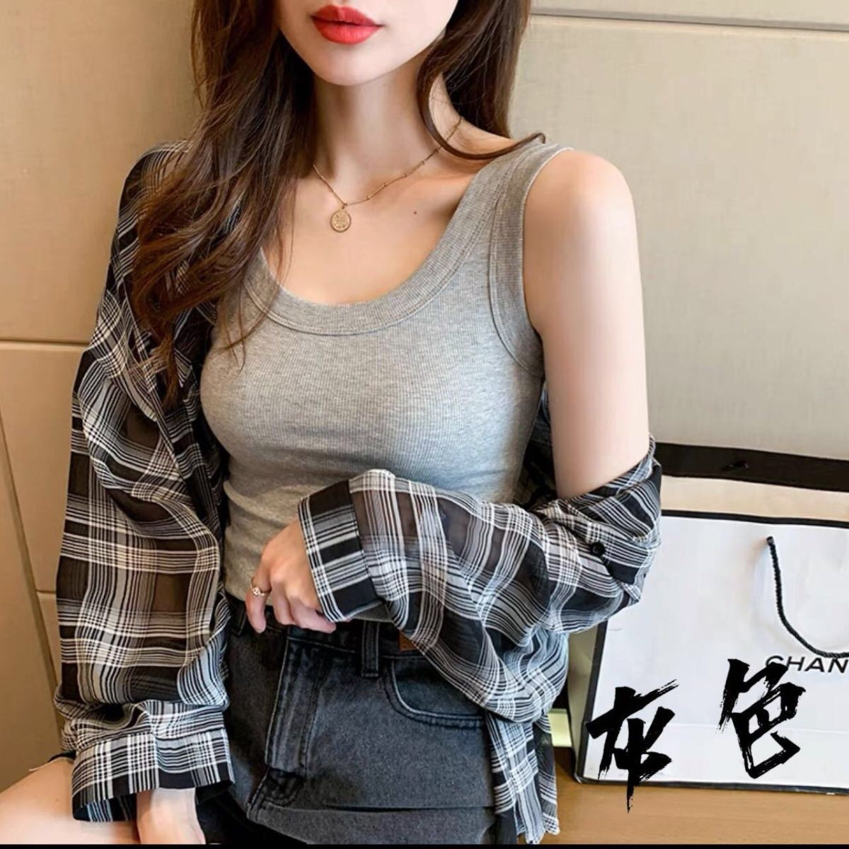 Popular Threaded Vest Women's Suit with Small Suspenders for Spring, Autumn and Summer Large Size Bottoming Outer Sleeveless Top with Inner Wear