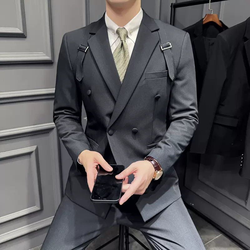 2024秋季款男式痞帅个性西服男套装韩版修身演出主持男西装两件套