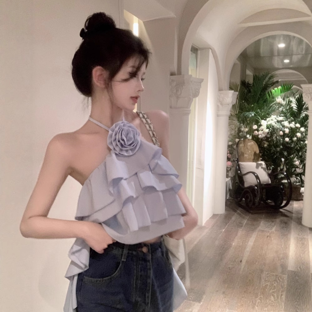 Summer sexy slim-fit short inner top with unique design halter neck vest with floral ruffles and backless camisole