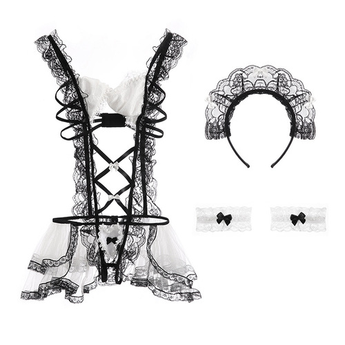 Delicate and Sexy Lace Sweet Bodysuit Maid Costume for Women, Open Back, No-Pull Bra Cup Uniform Set 090