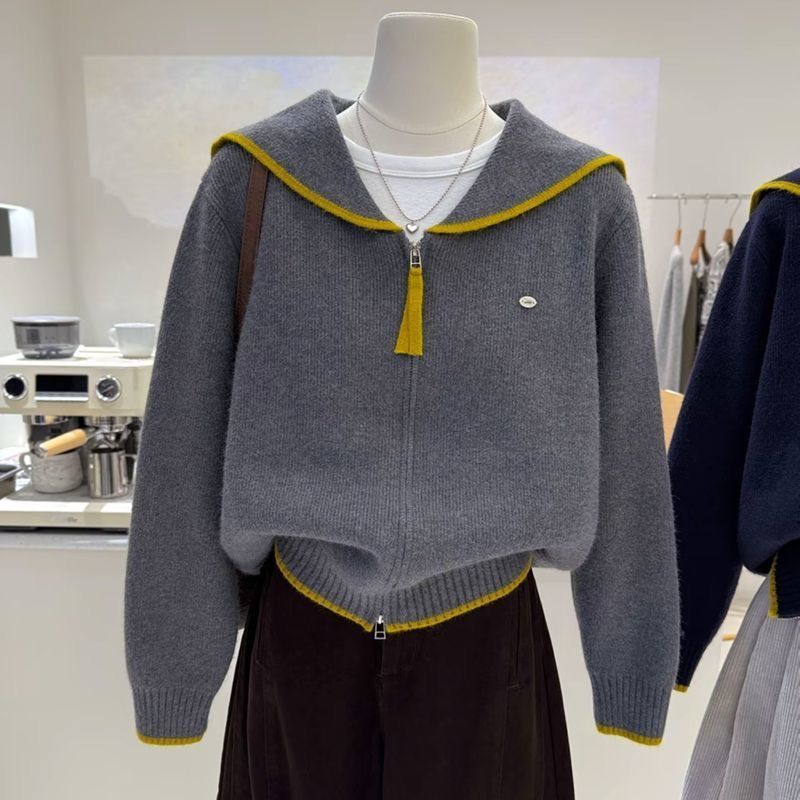 Navy Blue Zippered Knitted Cardigan For Women, Korean Style Loose Top...