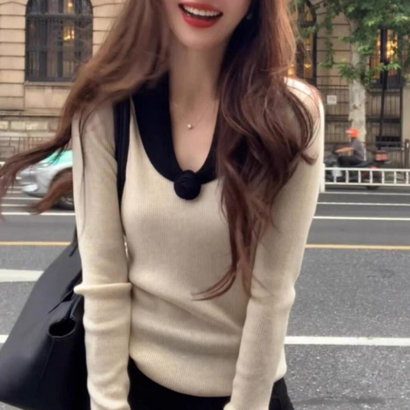 Otting Rose Rose Sheep Wool French Socialite V Neck Long-Sleeved Contrasting Color Bottoming Knitwear for Women in Autumn