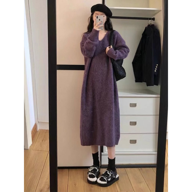 Thickened Long Skirt High-End New Women's Lazy Style French Knitted Dress Purple Autumn and Winter Sweater 2025