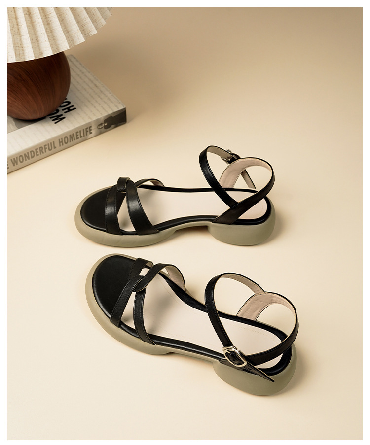 Sandal nữ đế bằng da thật quai chữ V mùa hè chống trượt — Màu đen chi tiết 20