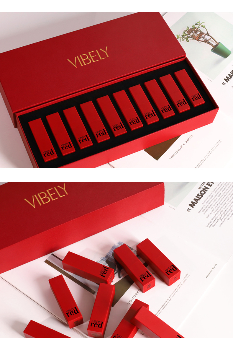 VIBELY China Red Non-Stick Cup Rim Red Gift Box Set of 10 matte matte non-fading Bright Red lipsticks undefined