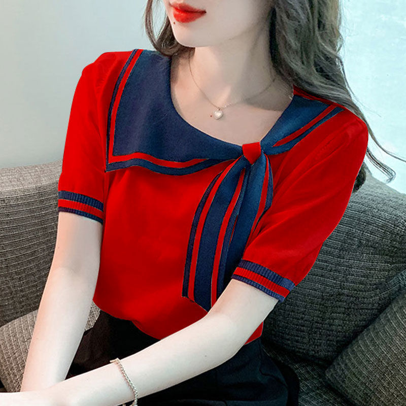 Ice Silk Short-sleeved T-shirt Women's 2022 New Summer Women's Fashion Stylish Age-reducing Navy Collar Clothes