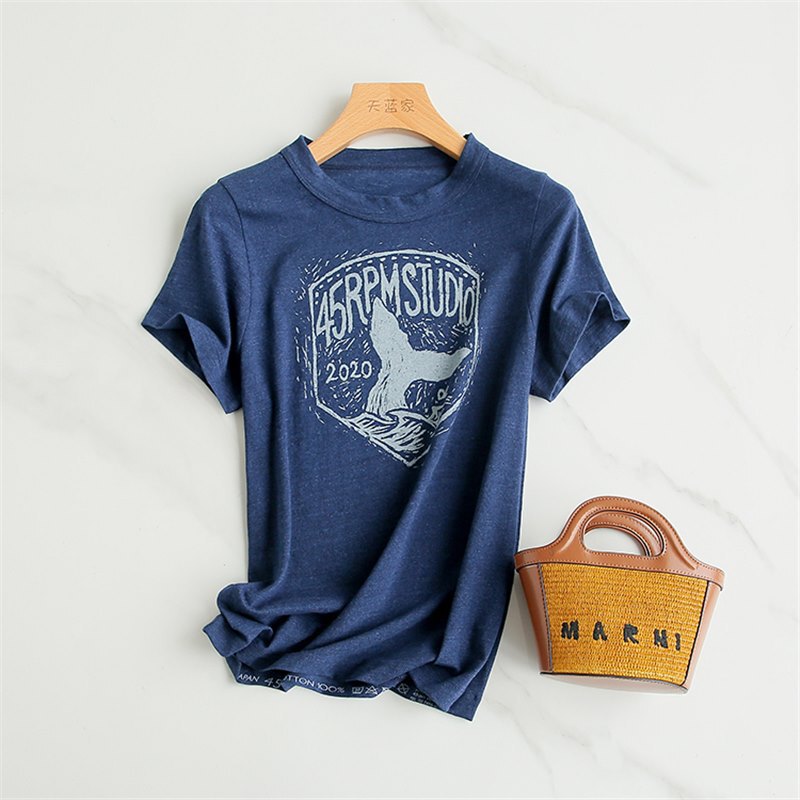 Japan 45 * R family commemorative money! Blue Dye Slub Cotton Linen All-match Straight Round Neck Short-sleeved T-shirt Women's Summer New Japan 45 * R family commemorative money! Blue Dye Slub Cotton Linen All-match Straight Round Neck Short-sleeved T-shirt Women's Summer New