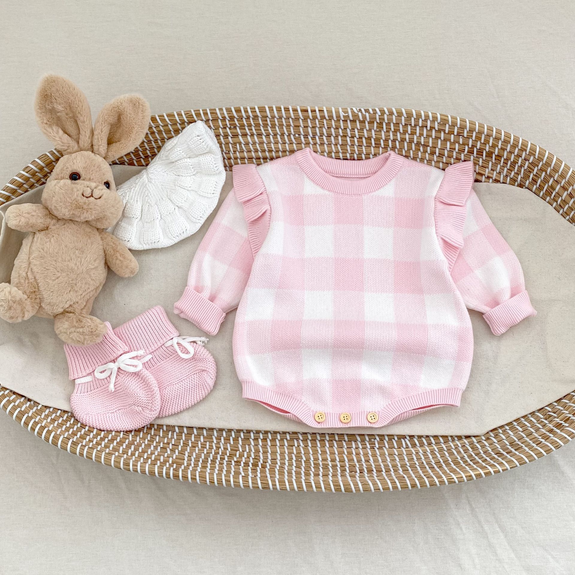 Autumn New Plaid Flounced Sleeve Baby Cotton Knitted Long Sleeve