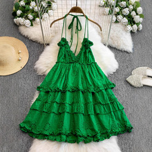 外贸云南西双版纳露背吊带连衣裙多巴胺绝美绿色镂空裙海边度假沙