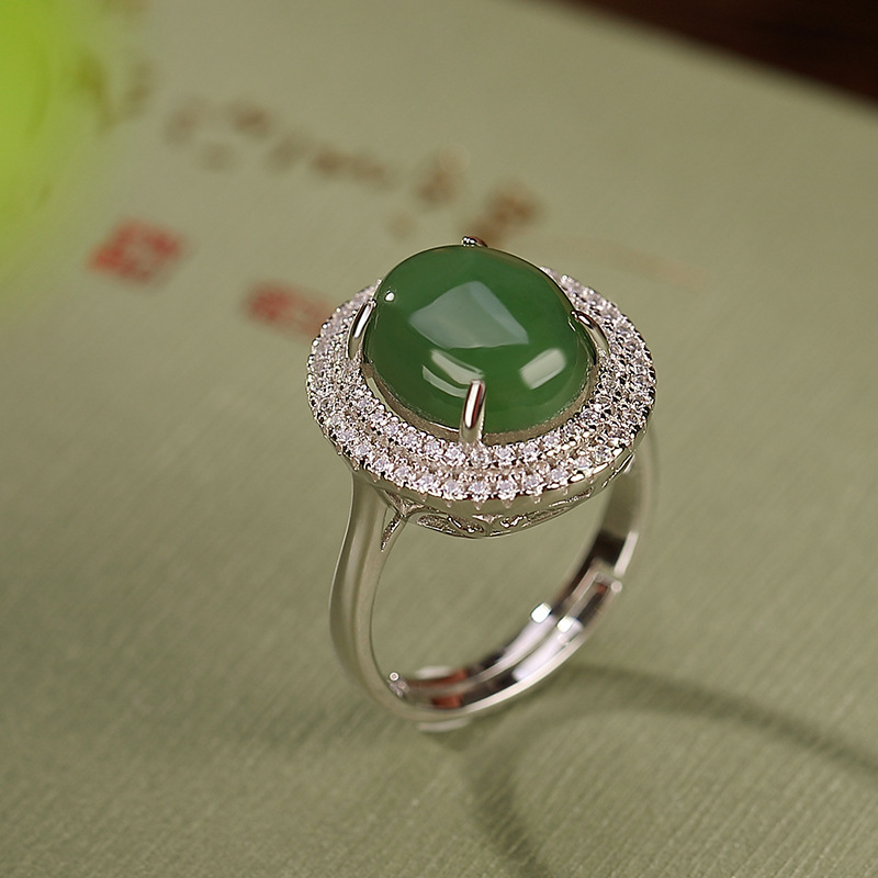 Nhẫn nữ bạc S925 mặt ngọc Hetian jasper hình trứng cá tính, thiết kế mở thanh lịch — Mở một size