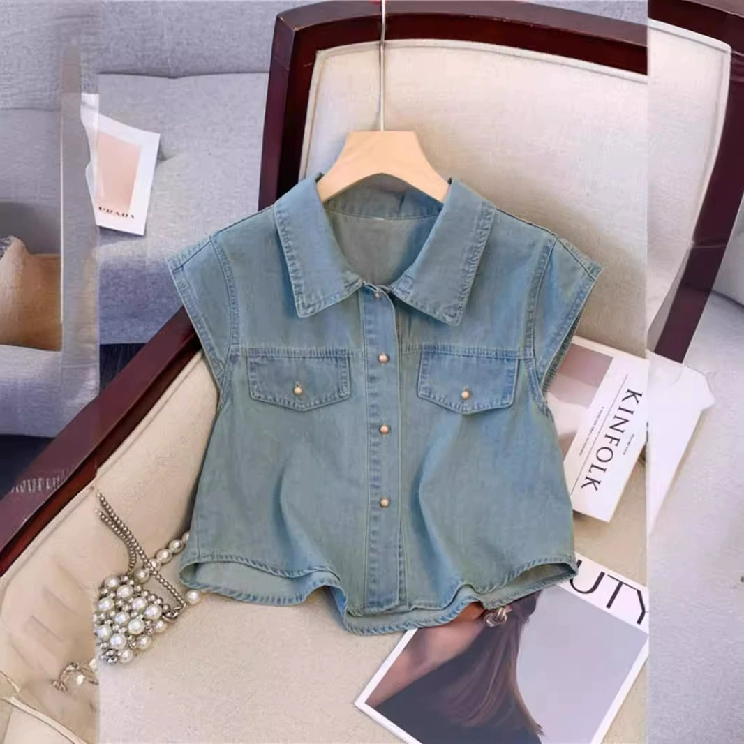 Маленькая джинсовая рубашка женская летняя рубашка с воротником polo